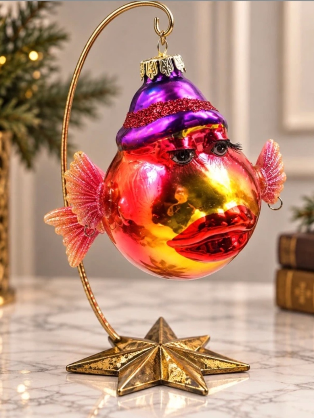 Whimsical Fish Christmas Ornament Pink Purple Glitter 4"